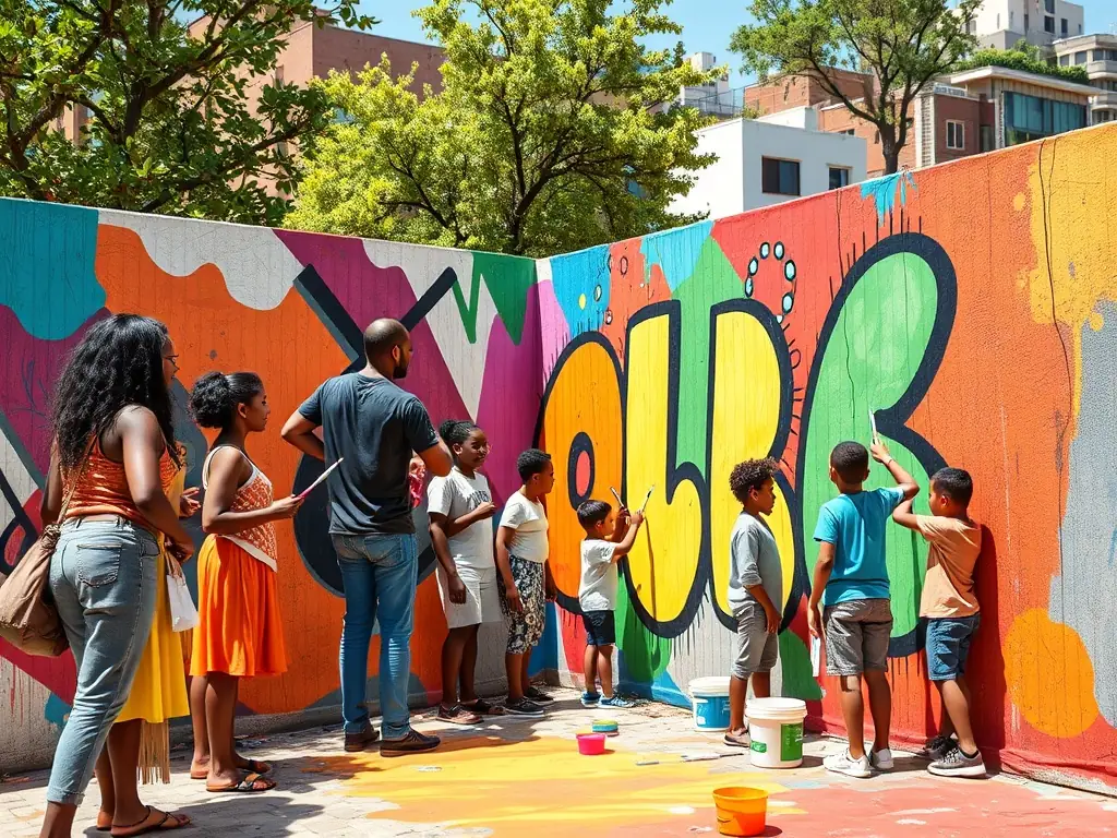 A collaborative image showing community members working together on a public art project, emphasizing the collaborative spirit of CLUB SAINT MEN DE JALEYRAC.