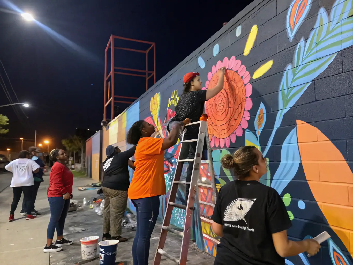 A collaborative art project underway, with community members working together on a large-scale mural, symbolizing unity and creative expression.