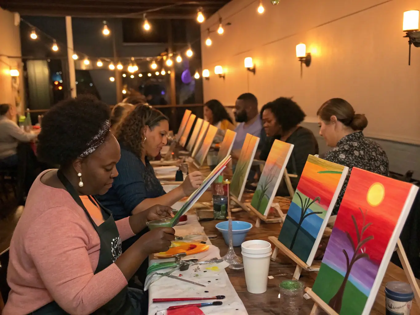 A vibrant image depicting participants engaged in a painting workshop, showcasing creativity and community interaction at CLUB SAINT MEN DE JALEYRAC.