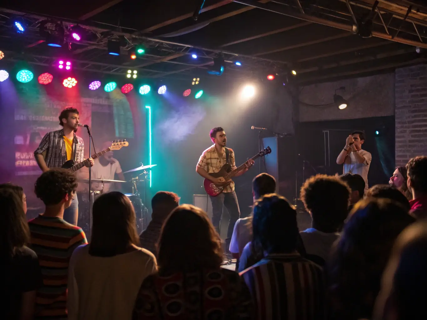 A dynamic image showcasing a live musical performance organized by CLUB SAINT MEN DE JALEYRAC, featuring local musicians and an enthusiastic audience.