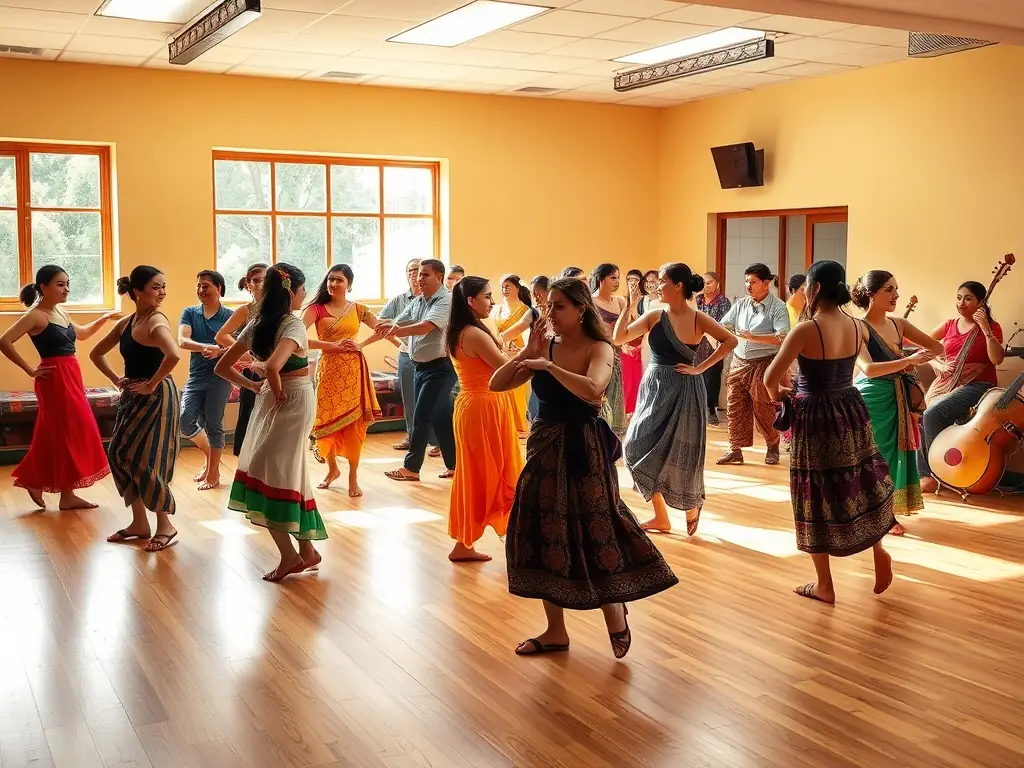 A photograph capturing a cultural workshop in progress, with participants of different ages learning traditional dance steps from an instructor.